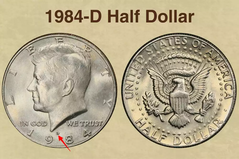 Side-by-side comparison of weakly struck common 1984-D Kennedy half dollar versus sharply struck rare gem MS-66 example highlighting hair detail differences above the ear